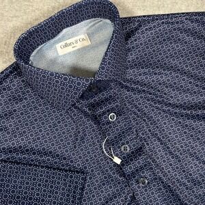 Collars & Co Polo Shirt Men S Blue Geometric Print Semi Spread Dress Collar‎ NEW
